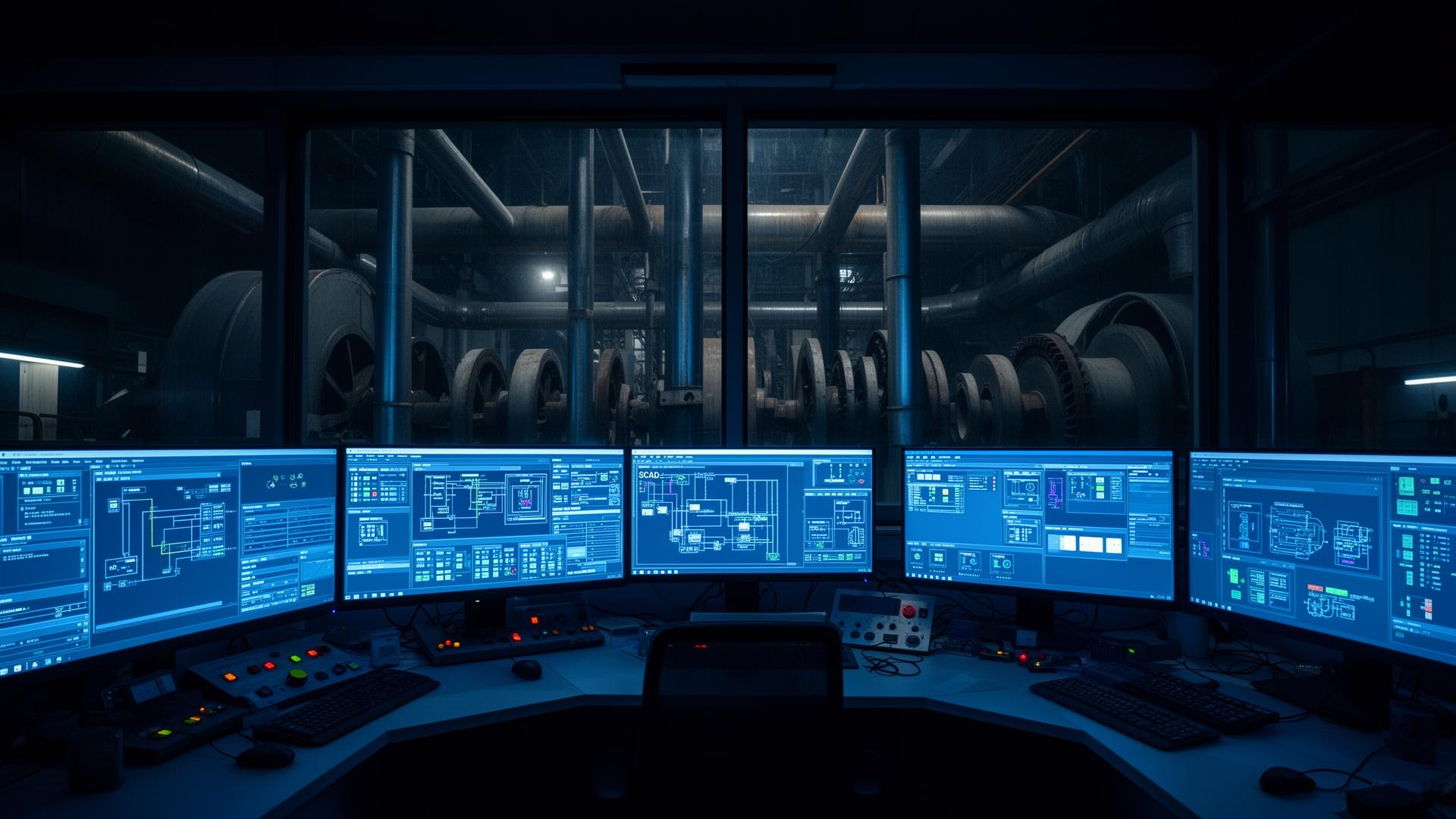 Industrial control room with SCADA systems